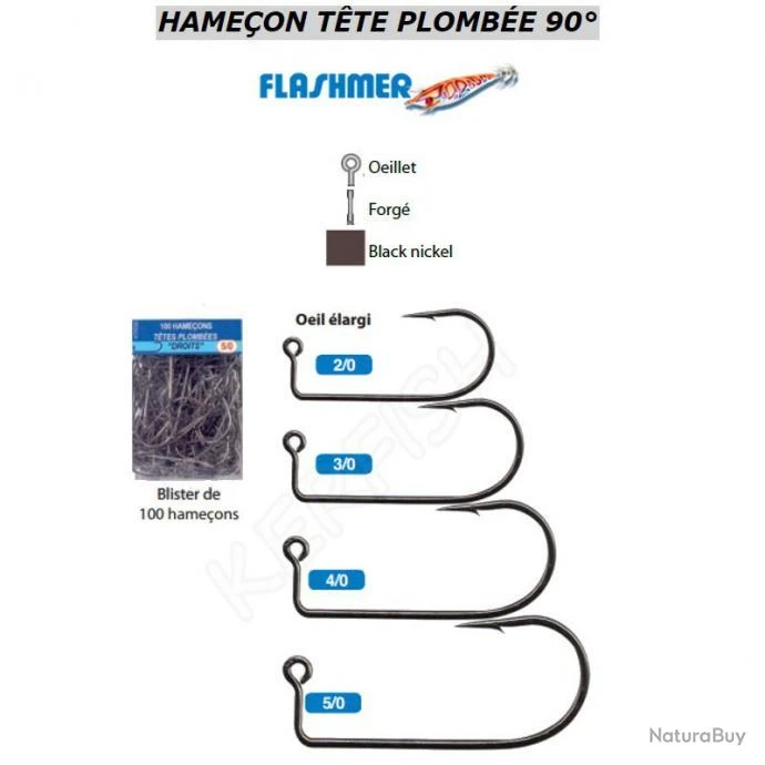 HAMECONS DROITS TÊTE PLOMBÉE 90° FLASHMER 4/0 1 HAMECONS DROITS TÊTE PLOMBÉE 90° FLASHMER 4/0